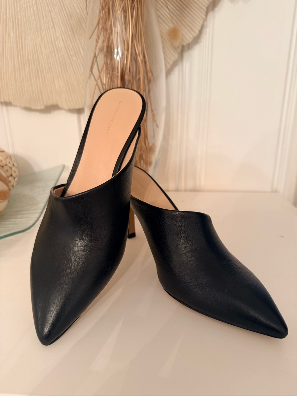 Something Navy Black Leather Slip-On Mule Heels